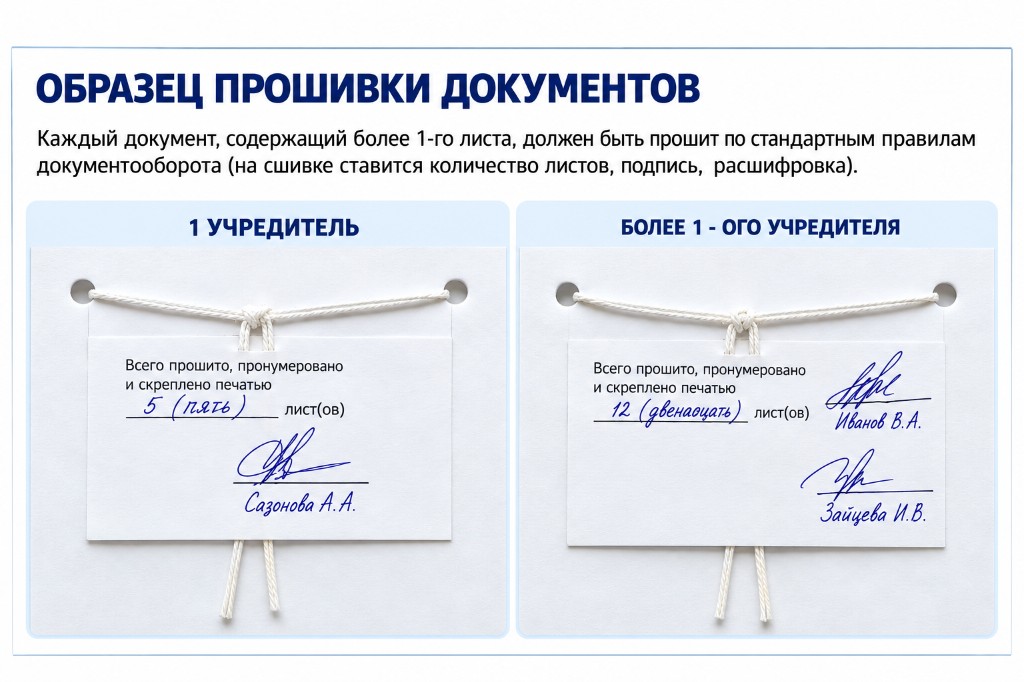 Образец прошивки документов: один учредитель и более одного учредителя